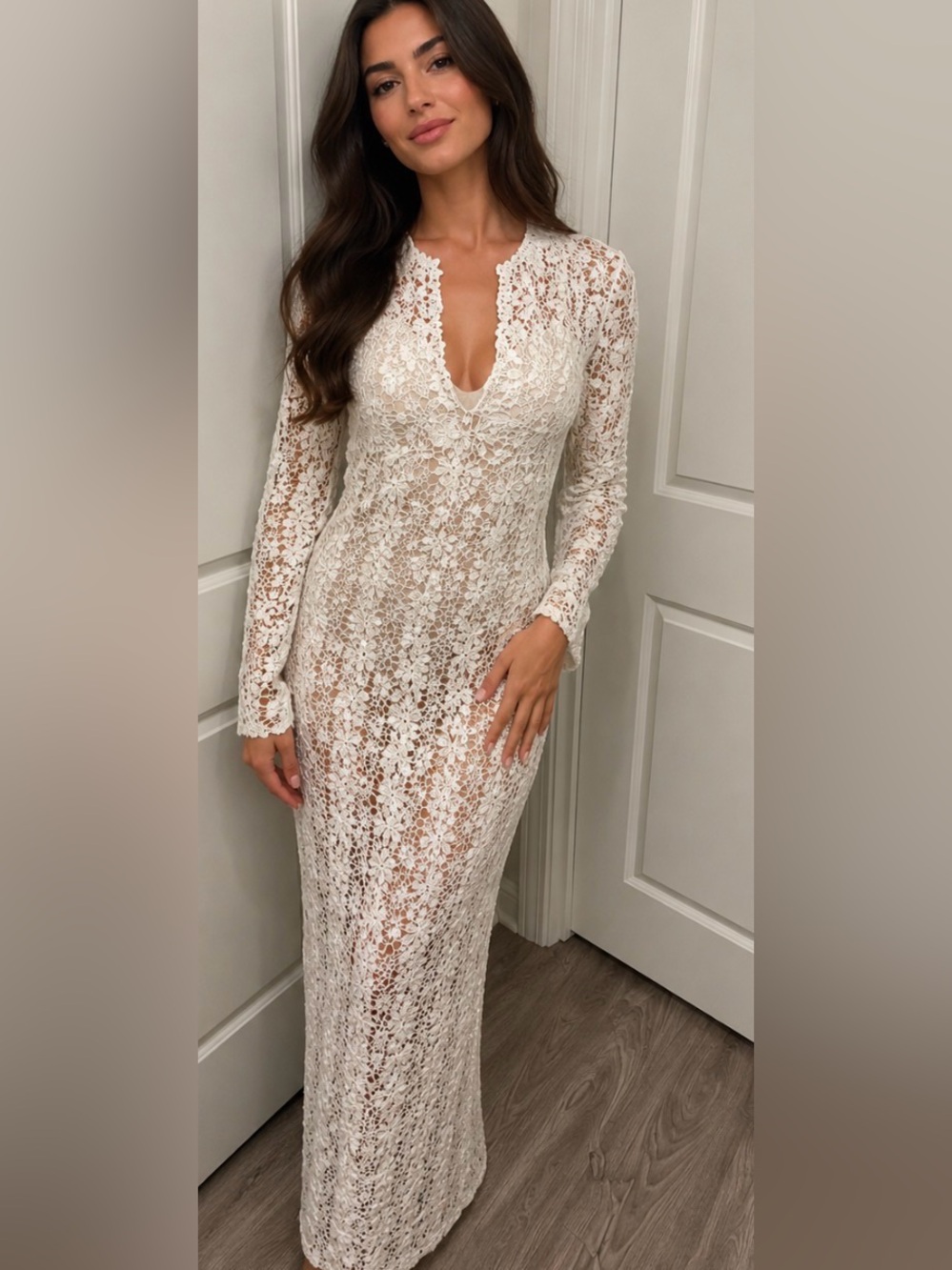 By Anthropologie White Lace Long Sleeve Dress